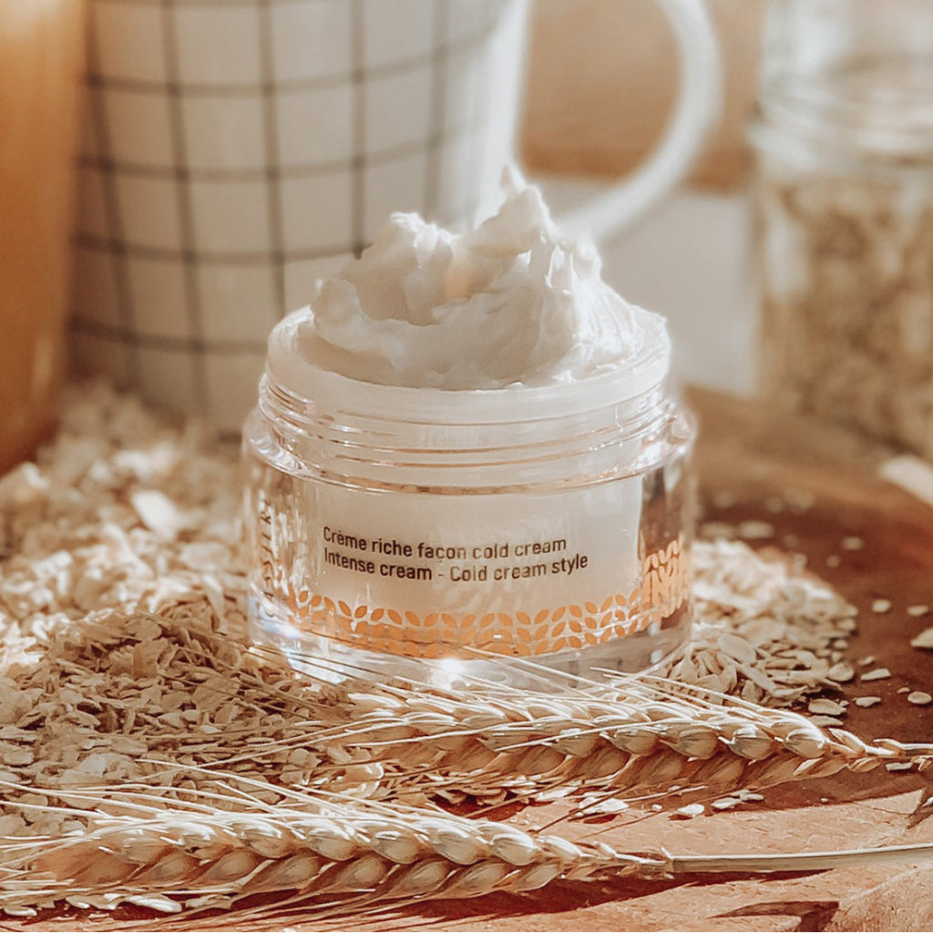 Jar of bernard cassiere intense cold cream on top of muesli oats