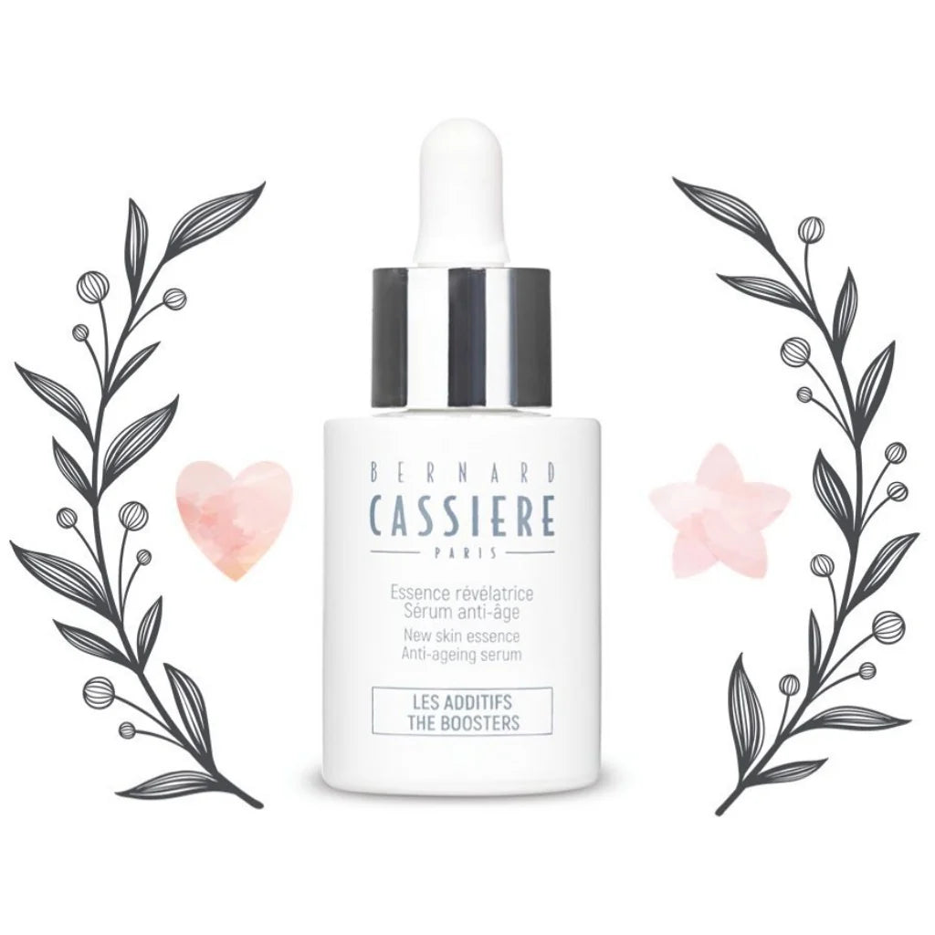 A white skincare dropper bottle labeled BERNARD CASSIERE PARIS new skin essence anti-ageing serum, centered on a white background with decorative botanical illustrations and soft pink heart/star shapes on both sides.