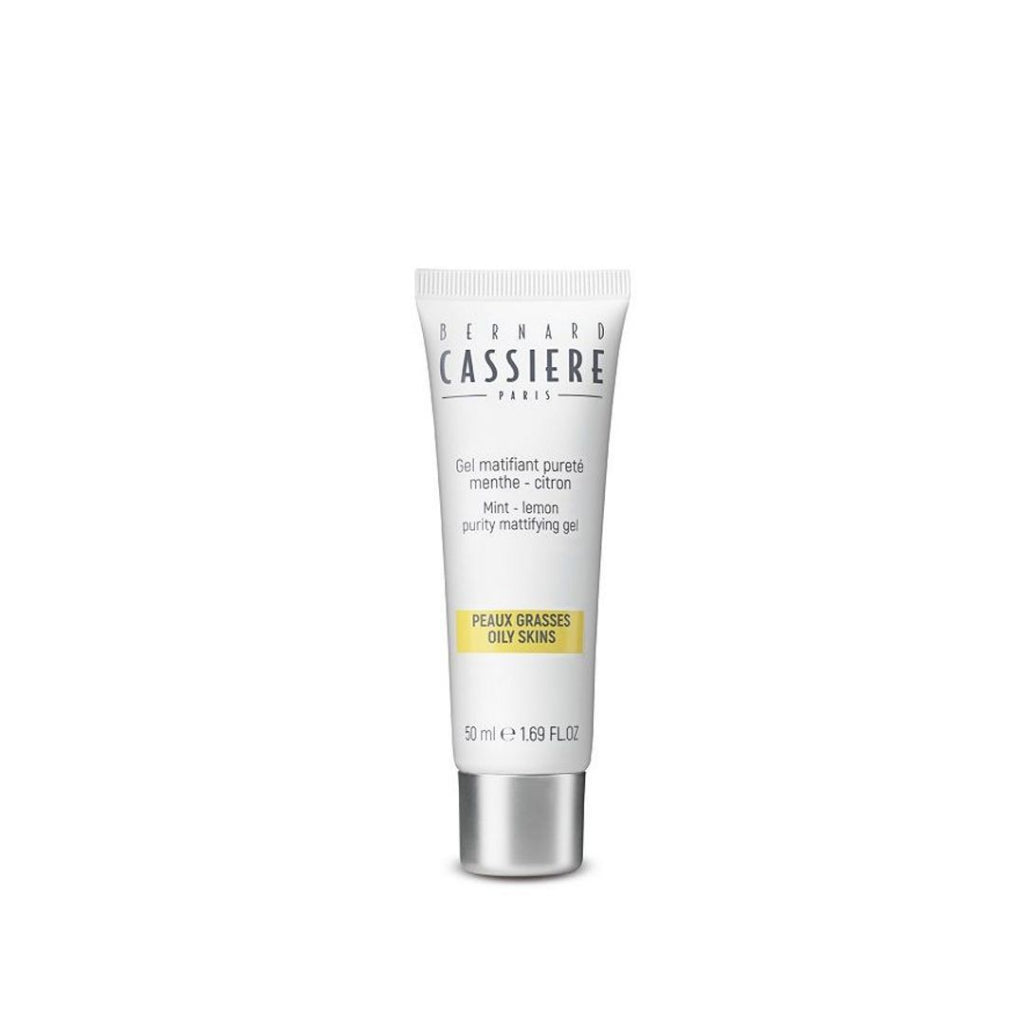 Bernard Cassiere Purity Matifying Gel in a white squeeze tube with a silver cap, featuring a yellow accent band on a white background.