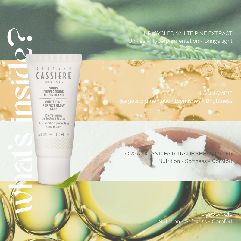 Bernard Cassieres pigmentation perfecting hand cream key ingredients; Up-cycled*  white pine extract for unifying skin and minimizing hyperpigmentation (*Up-cycled = reused. This active ingredient is derived from unused bark from the wood industry.), Niacinamide for targeting pigmentation blemishes and brightness, Organic and fair trade shea butter and Jojoba oil for softness, nutrition, and comfort