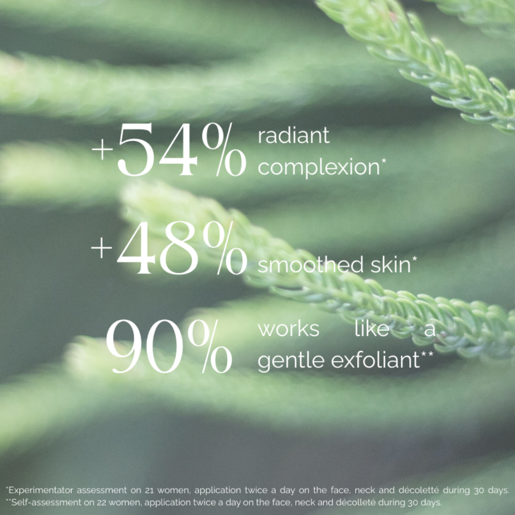Text overlay of bernard cassiere illuminating perfecting lotion on a blurred green plant background with results of using the product; 54% increase in radiant complexion, 48% increase in smoothed skin, 90% works like a gentle exfoliant 