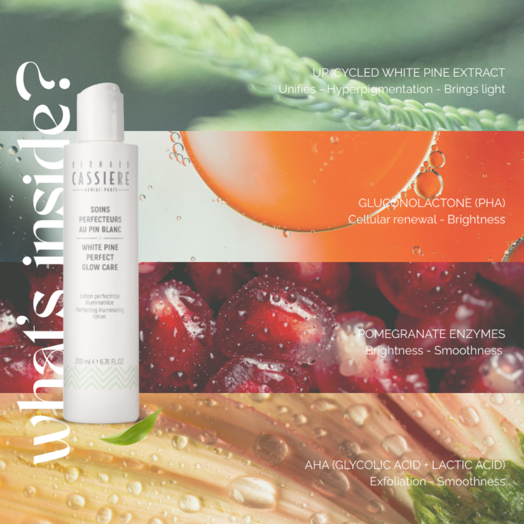 Bernard Cassiere Perfecting Illuminating Lotion bottle with key natural ingredients and benefits displayed on a colorful background
