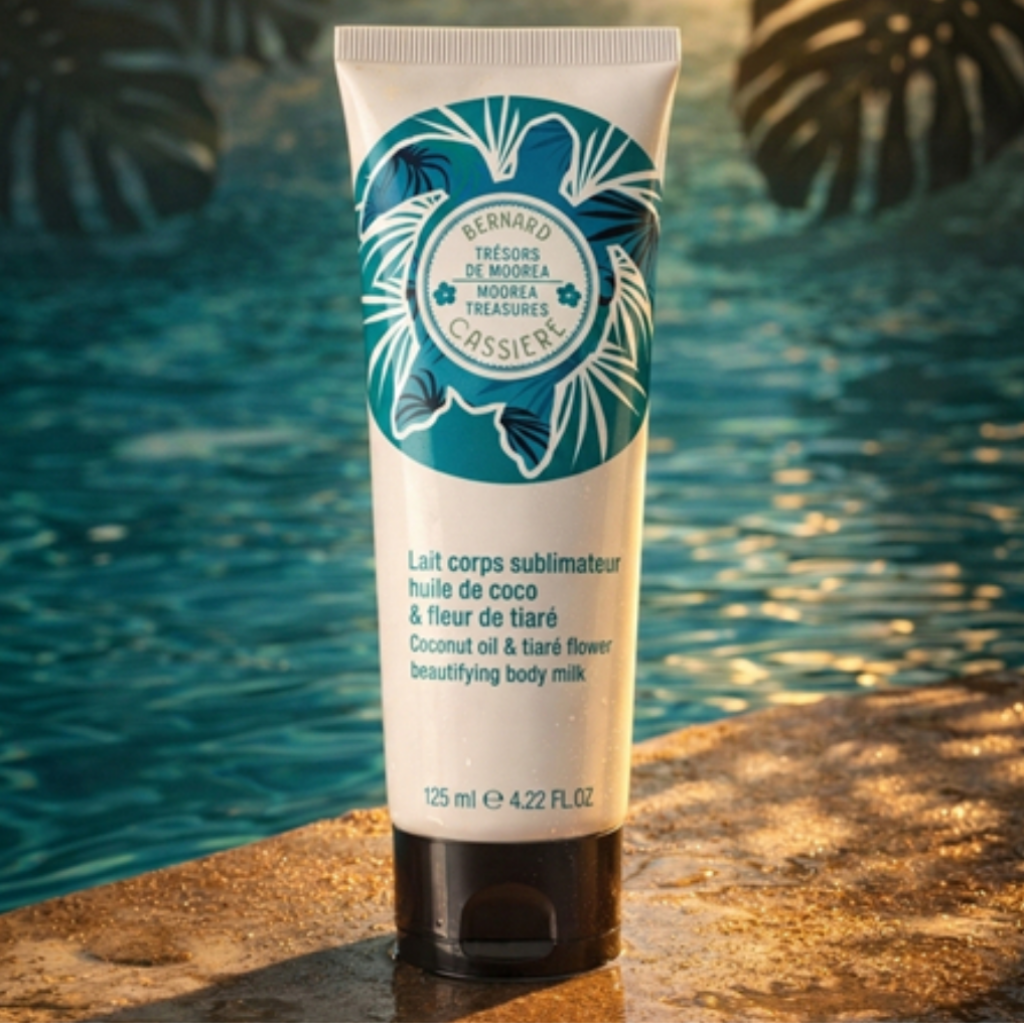 A tube of Bernard Cassiere beautifying body milk standing upright on a poolside surface with a swimming pool and palm leaves in the background