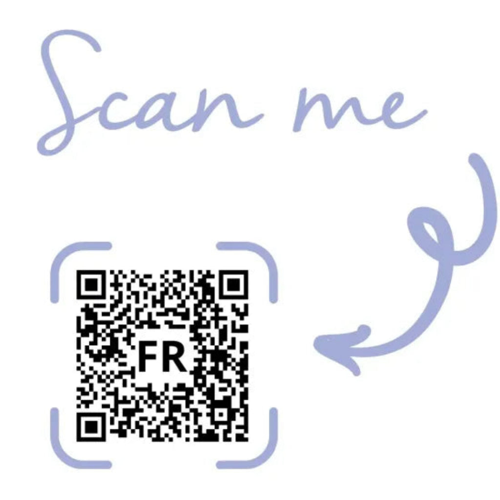 A digital graphic featuring a black and white QR code with the letters 'FR' in the center, surrounded by a light purple scan frame. Above it, the words 'Scan me' are written in a light purple cursive font, with a matching curved arrow pointing to the QR code, all on a solid white background.
