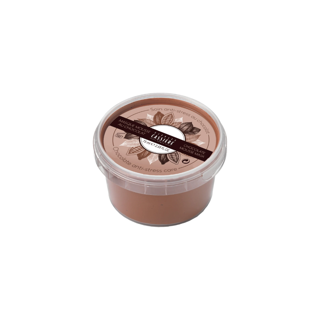 A small round plastic tub of a chocolate mask from bernard cassiere with a clear lid on a plain white background.