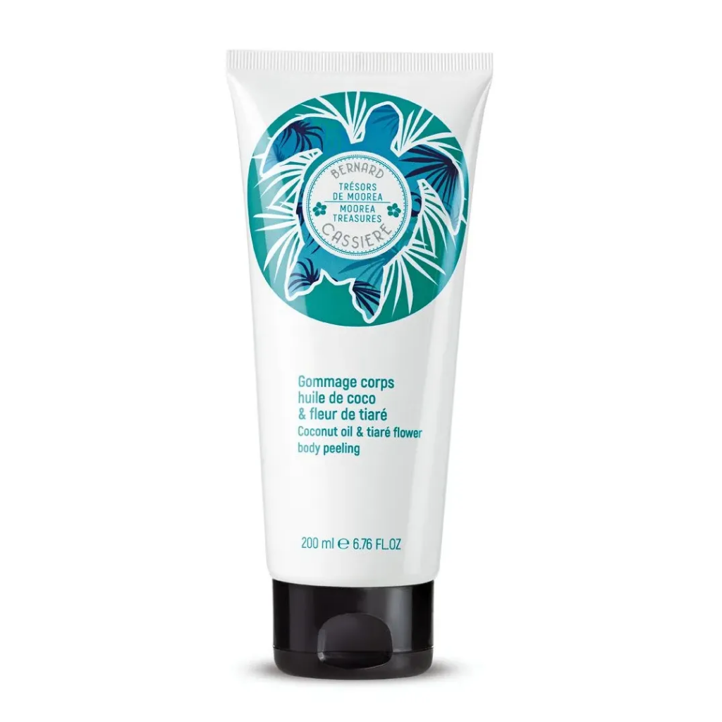 A squeeze tube of Bernard Cassiere coconut oil and tiare flower body peeling on a clean white background.