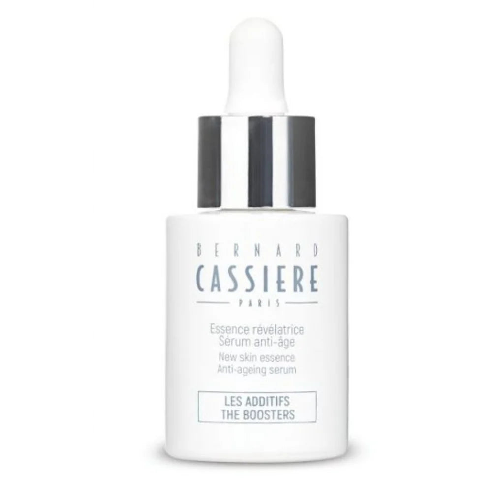 Bernard Cassiere Paris new skin essnce anti-ageing serum booster in a white bottle with a silver and white dropper cap, on a white background.