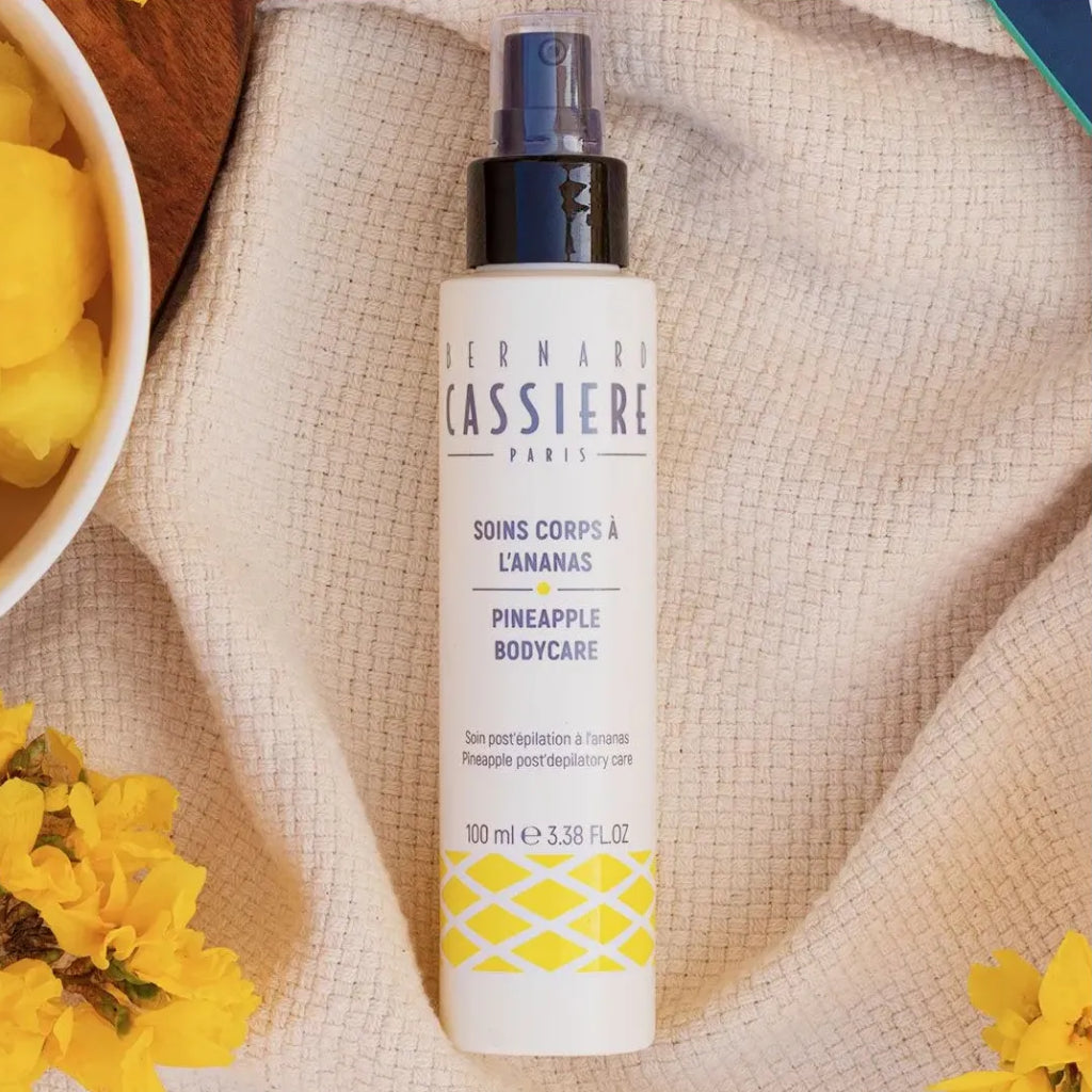 Pump bottle of Bernard Cassiere pineapple post depilatory care treatment set on a cloth 